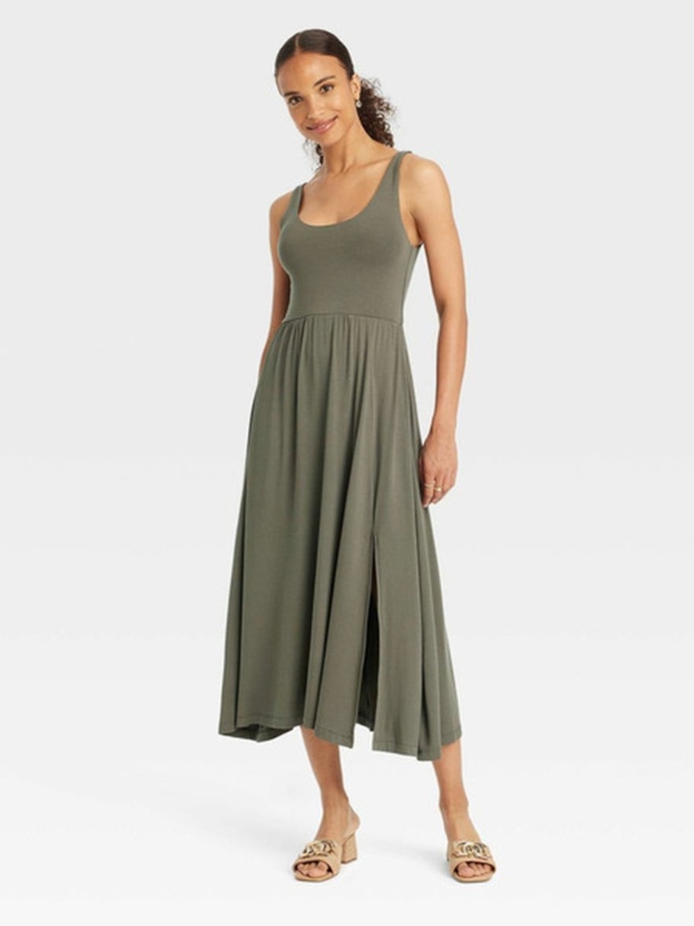 A New Day Olive Green Sleeveless Midi Dress Pockets Balletcore Large NEW